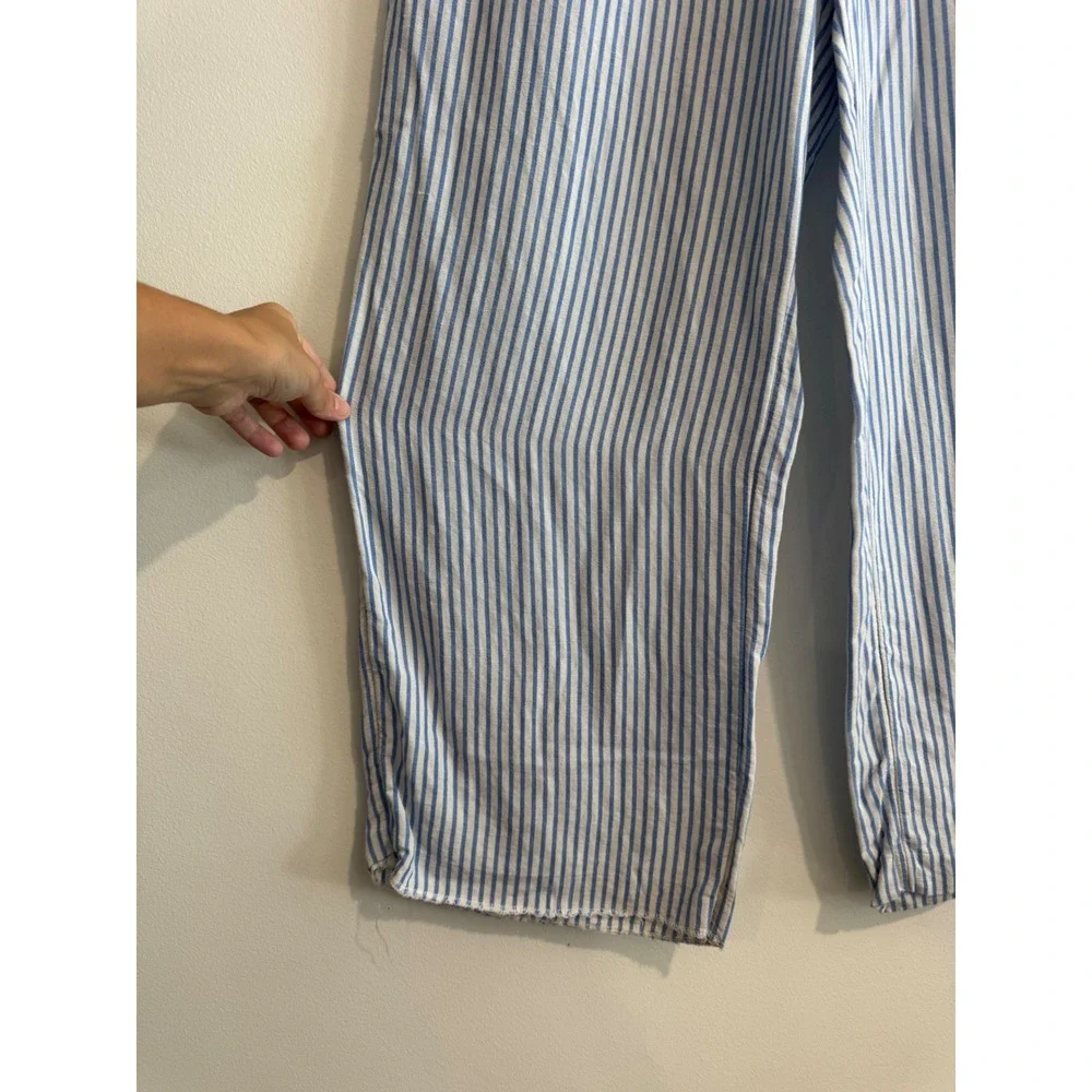 H&M Linen Blend Striped Wide Leg Pants Womens XL Blue White Drawstring Coastal